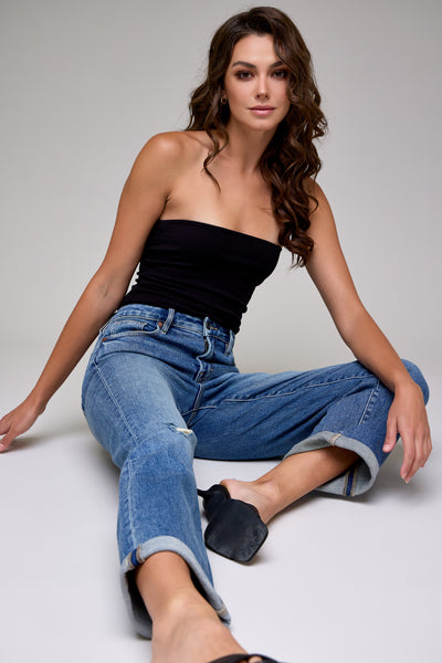 ELLA] Dark Wash Double Cuffed High Rise Classic Straight – HIDDEN
