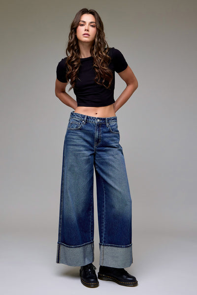 NORI] Dark Wash Clean Classic Oversize Cuffed Hem Wide Leg