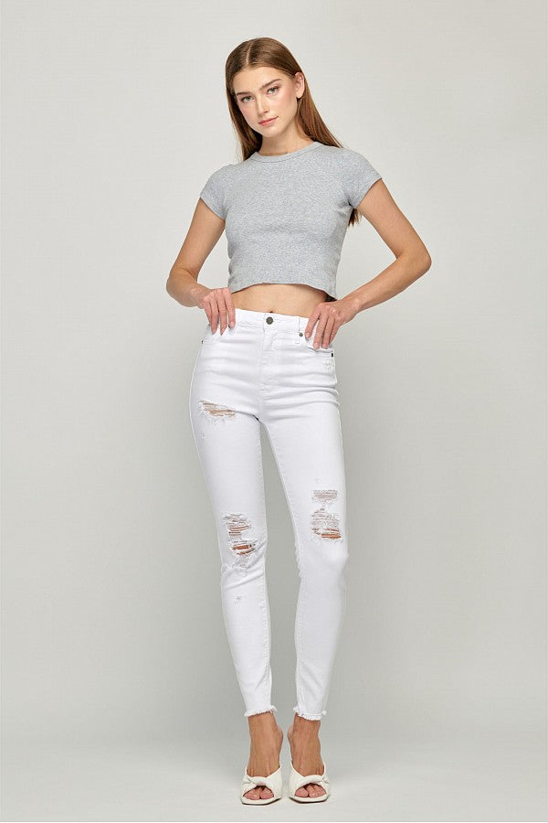 [TAYLOR] WHITE DISTRESSED HIGH RISE SKINNY