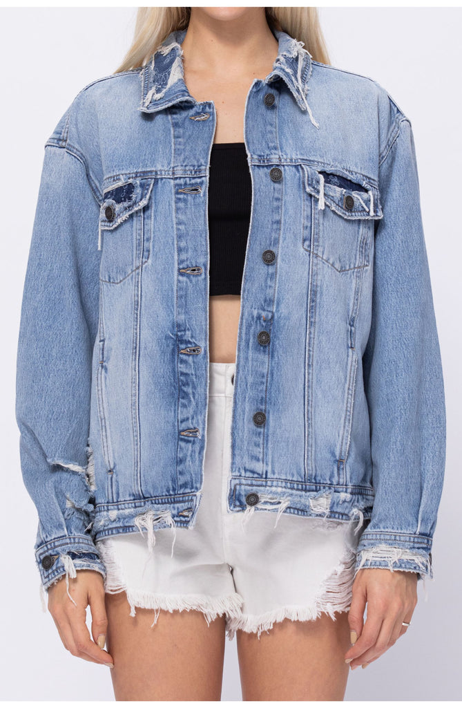 [DAKOTA] Light Wash Bandana Repaired Oversized Jacket