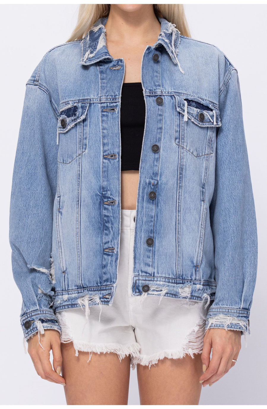 [DAKOTA] Light Wash Bandana Repaired Oversized Jacket