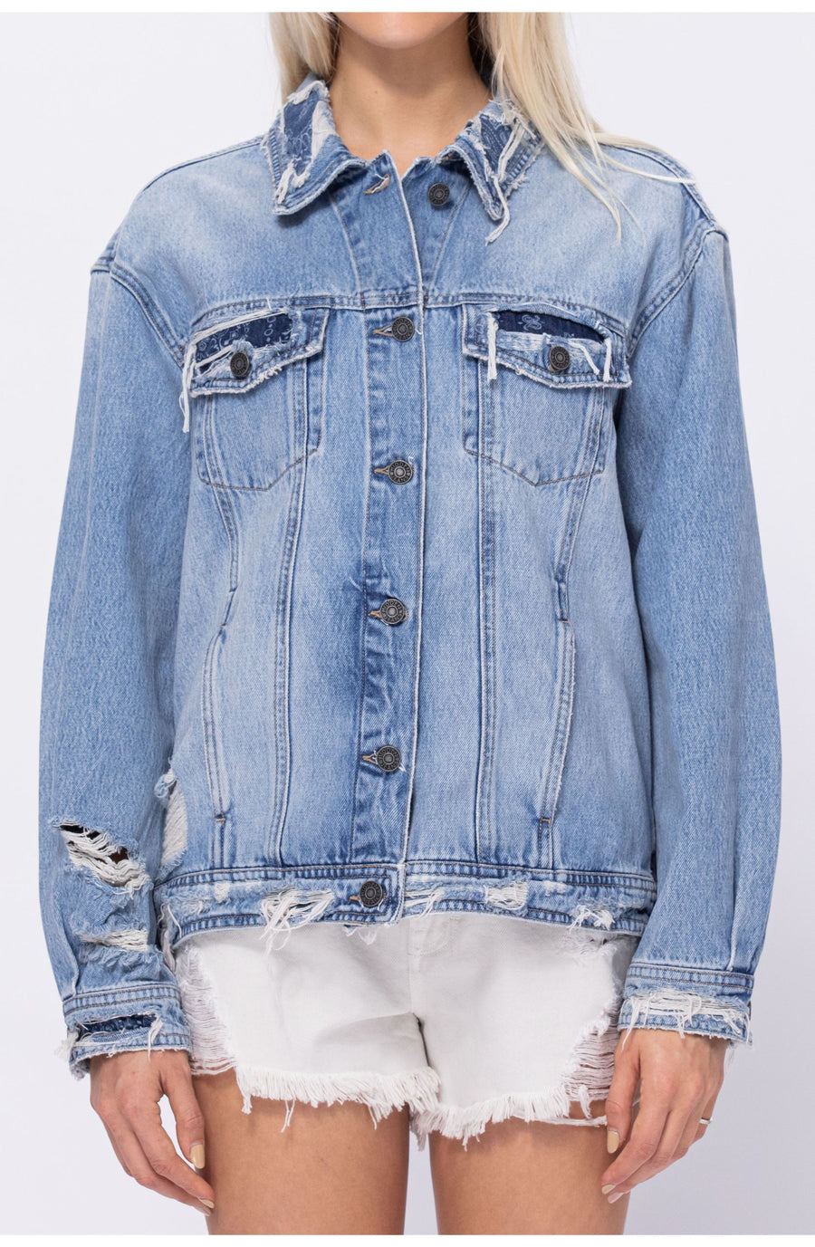 [DAKOTA] Light Wash Bandana Repaired Oversized Jacket