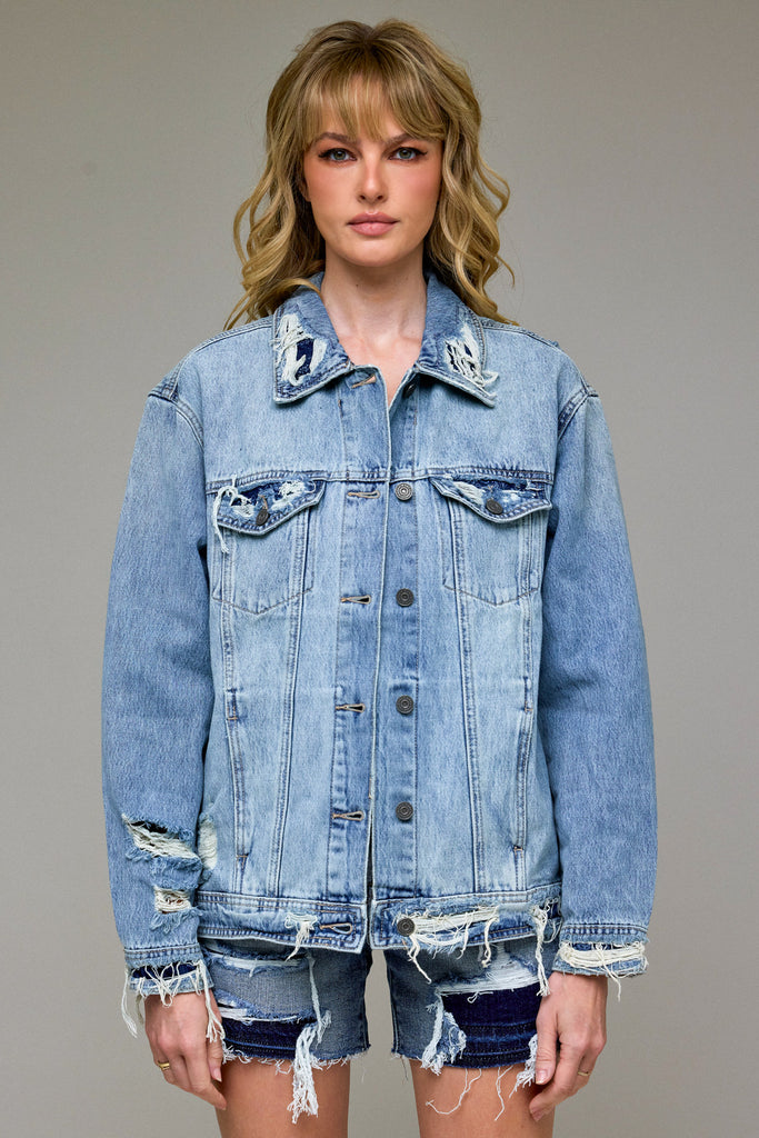 [DAKOTA] Light Wash Bandana Repaired Oversized Jacket