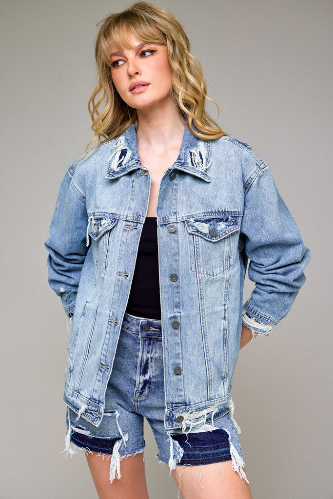 [DAKOTA] Light Wash Bandana Repaired Oversized Jacket