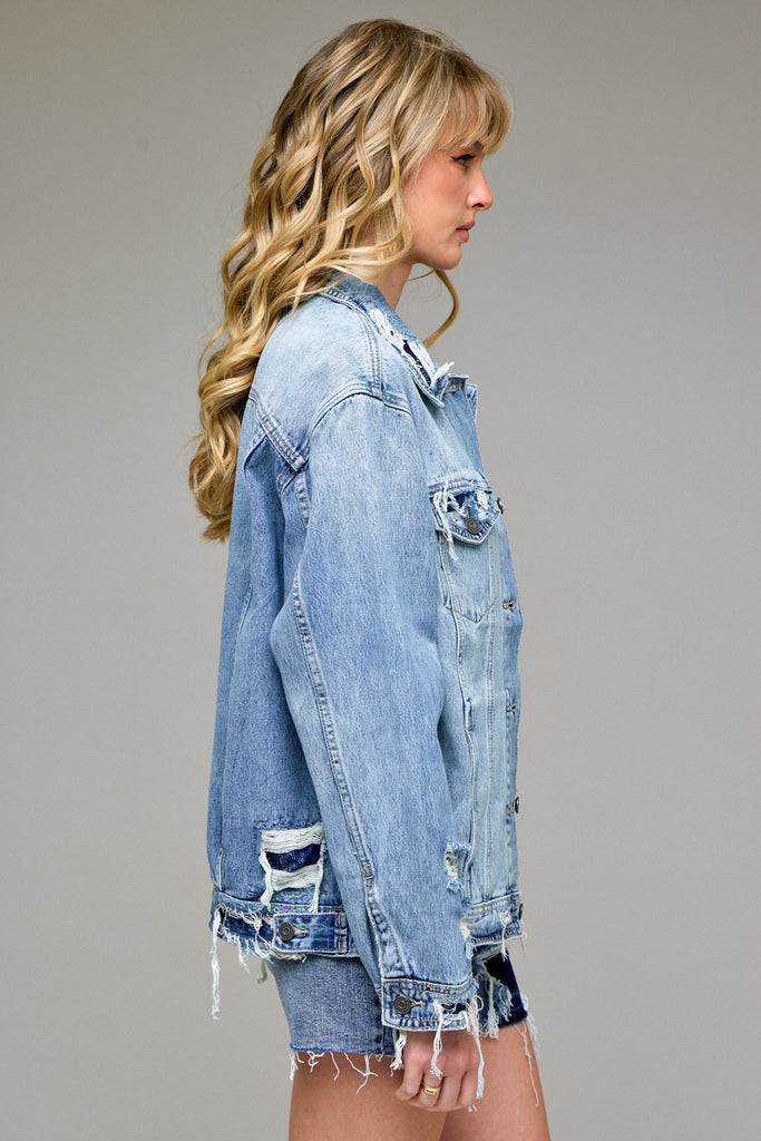 [DAKOTA] Light Wash Bandana Repaired Oversized Jacket
