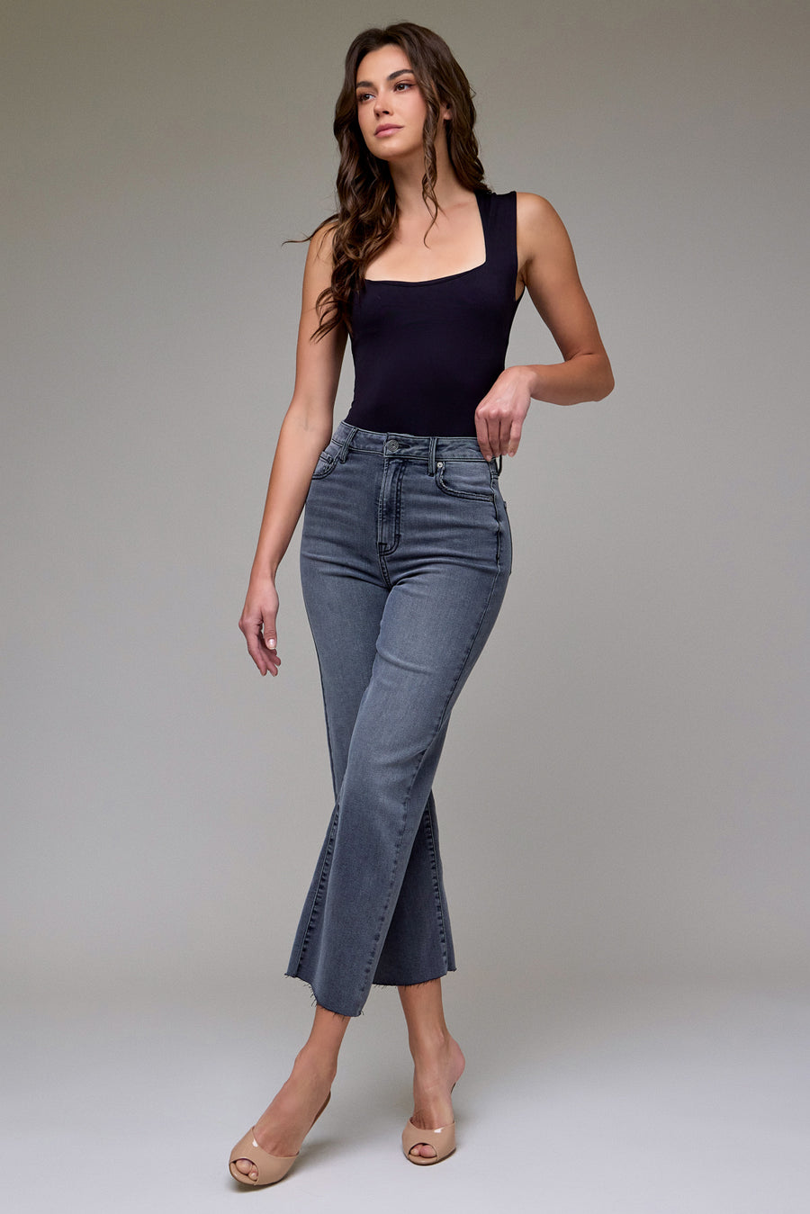[TRACEY] Grey Wash Clean Stretch Cropped Classic Straight