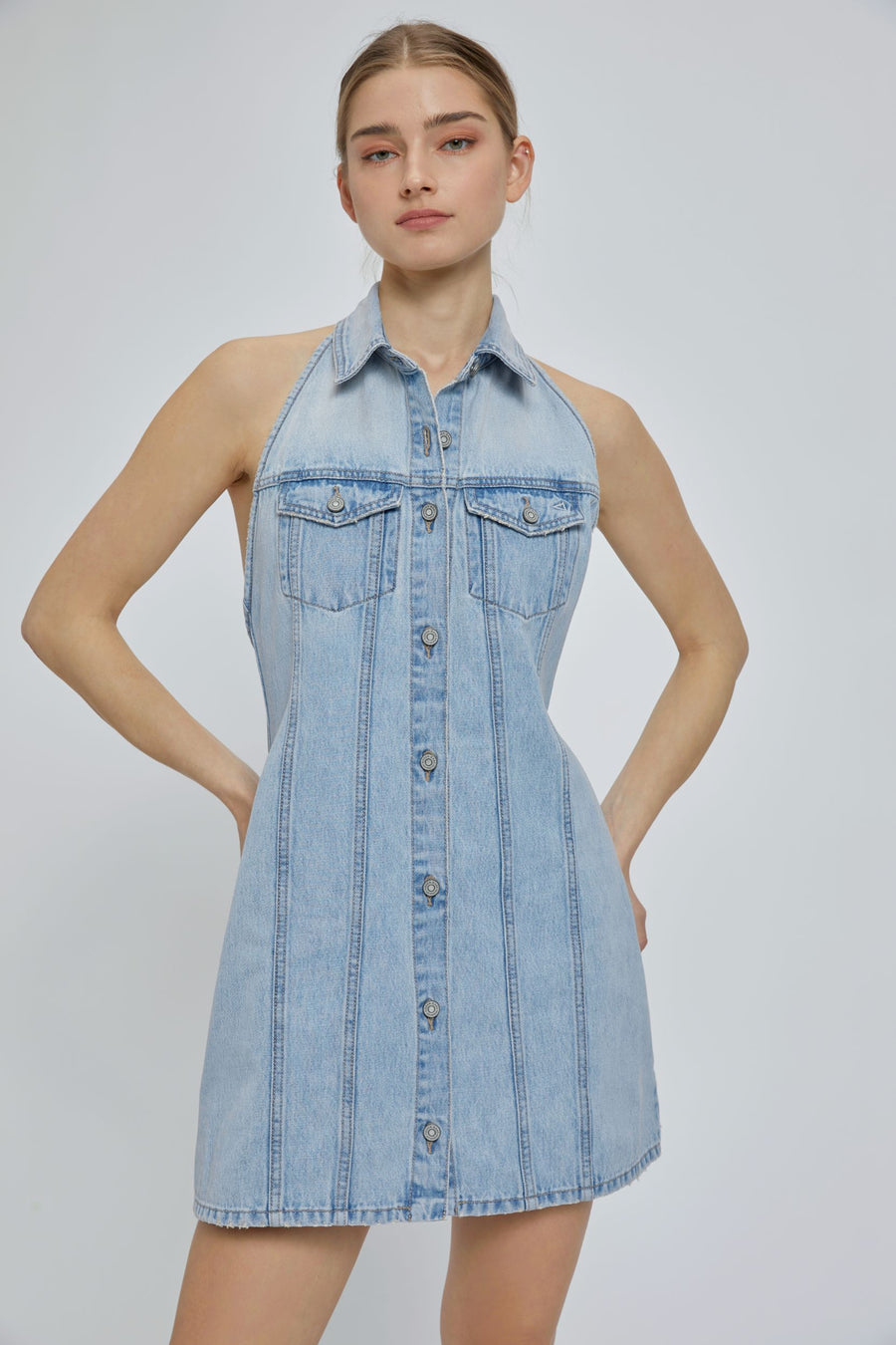 ABBEY <p/> LIGHT WASH HALTER DENIM DRESS