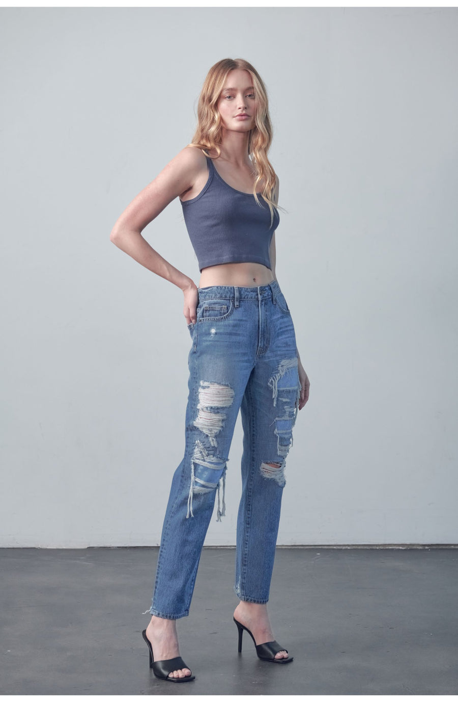 [TRACEY] DARK WASH DISTRESSED BANDANA PRINT STRAIGHT JEAN