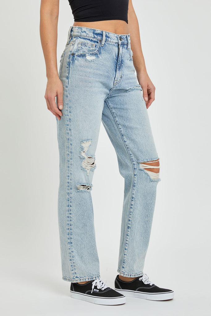 TRACEY <p/> LIGHT WASH DISTRESSED RELAXED STRAIGHT JEAN