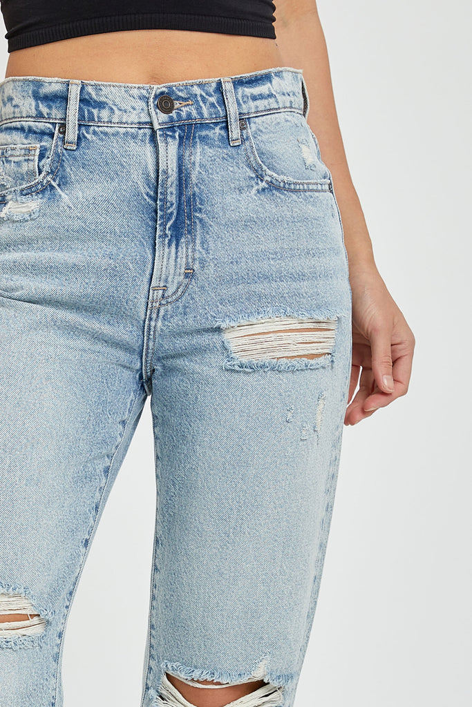 TRACEY <p/> LIGHT WASH DISTRESSED RELAXED STRAIGHT JEAN
