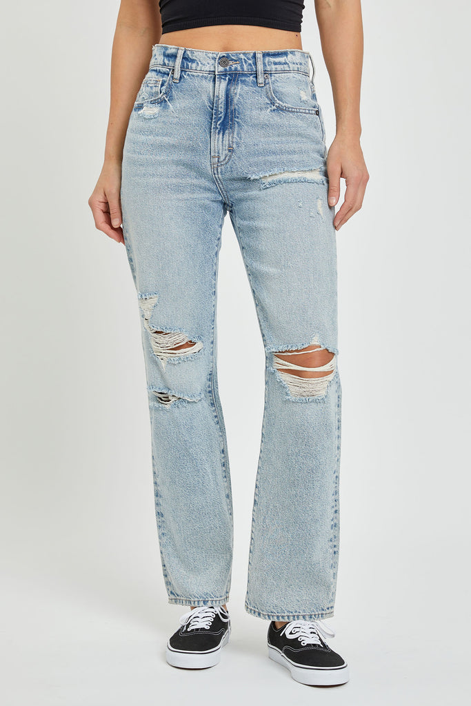 TRACEY <p/> LIGHT WASH DISTRESSED RELAXED STRAIGHT JEAN