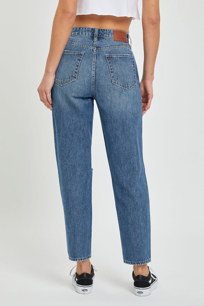 ZOEY <p/> DARK WASH DISTRESSED TAPERED MOM JEAN