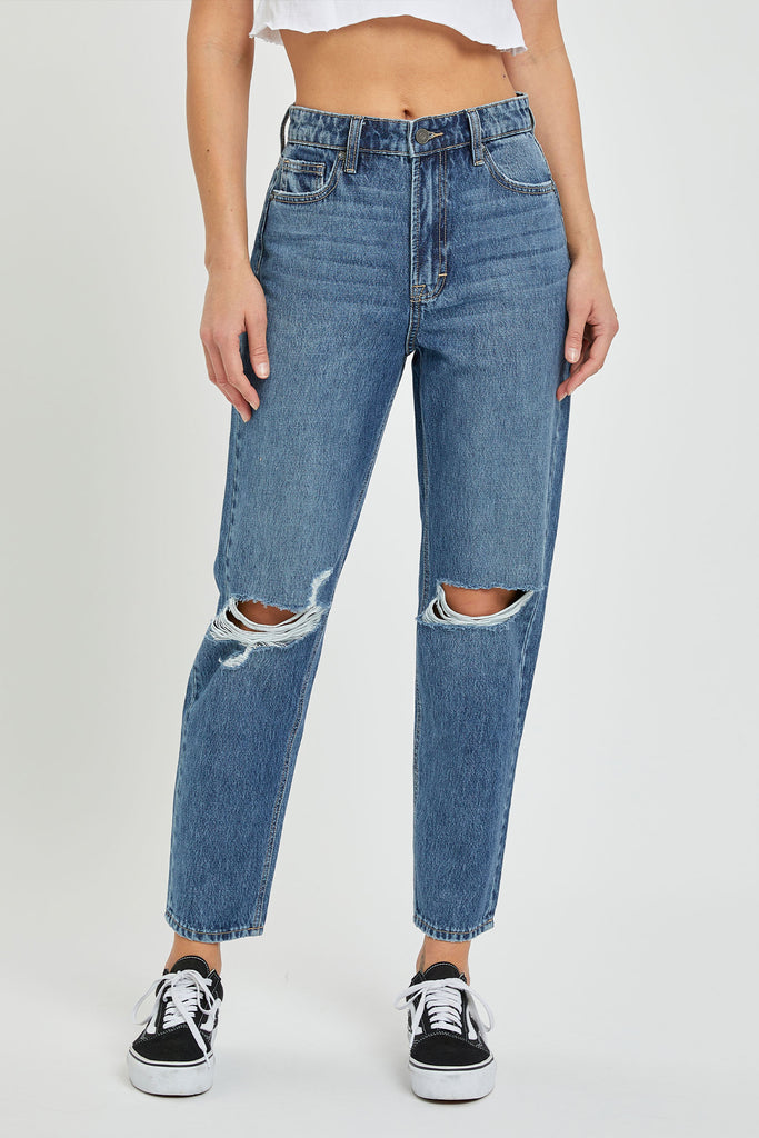ZOEY <p/> DARK WASH DISTRESSED TAPERED MOM JEAN