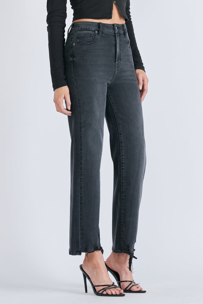 [TRACEY] BLACK GRINDED DESTROYED HEM RELAXED STRAIGHT JEAN