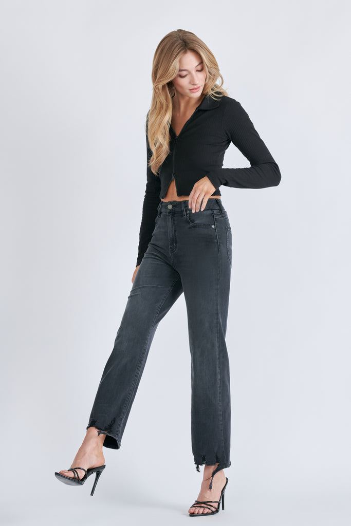 [TRACEY] BLACK GRINDED DESTROYED HEM RELAXED STRAIGHT JEAN