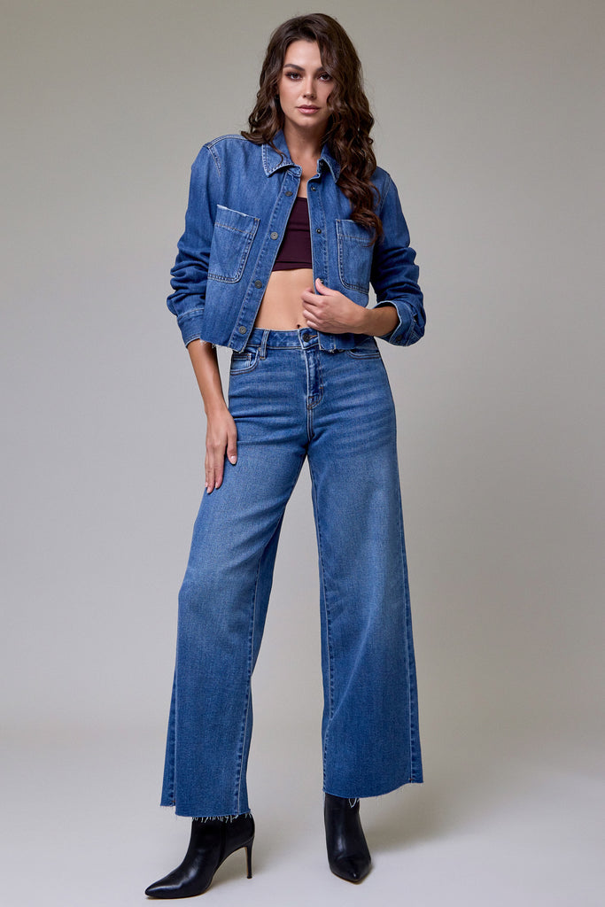 Medium Wash Cropped Denim Shirt