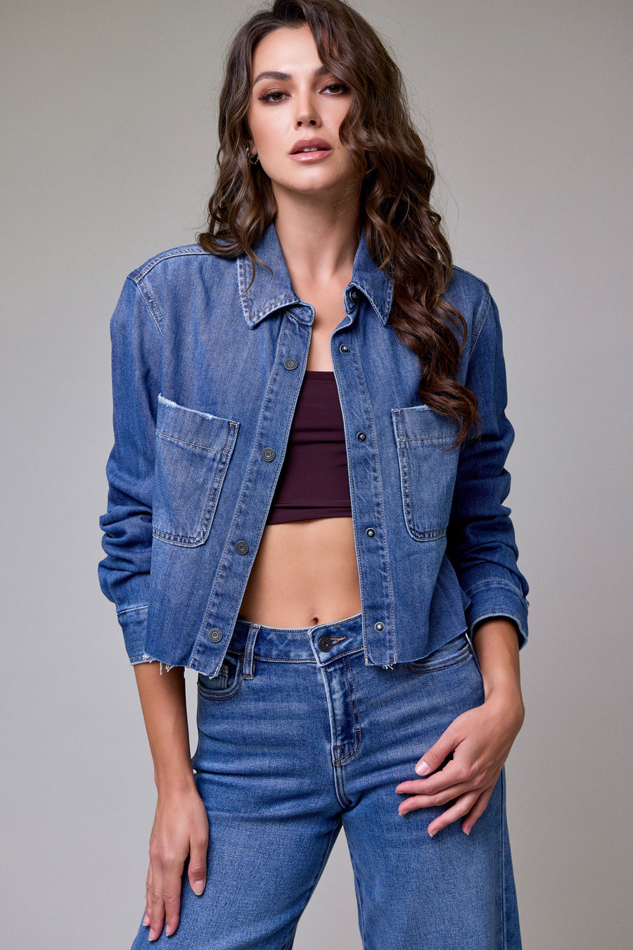 Medium Wash Cropped Denim Shirt