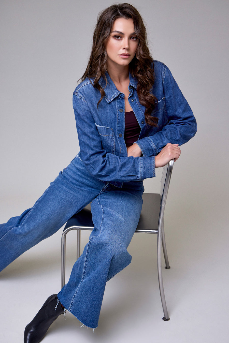 Medium Wash Cropped Denim Shirt