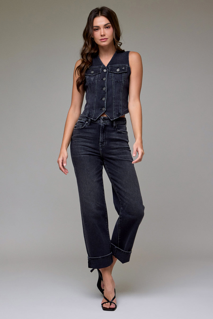 [ELLA] Charcoal Wash Cuffed 27" Inseam Classic Straight