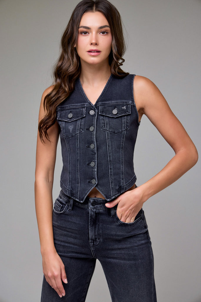 [REBEL] Charcoal Wash Fitted Denim Vest