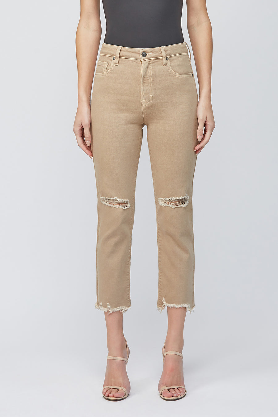 [TRACEY] KHAKI WASH STRETCH DISTRESSED 25" INSEAM CROPPED STRAIGHT