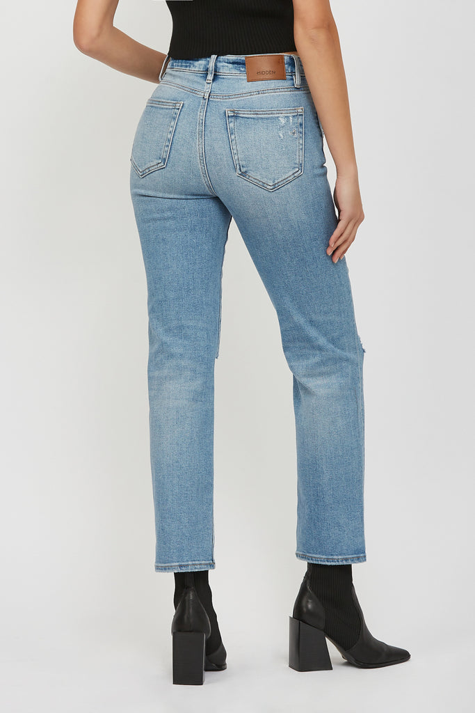 [TRACEY] MEDIUM WASH DISTRESSED STRETCH STRAIGHT JEAN