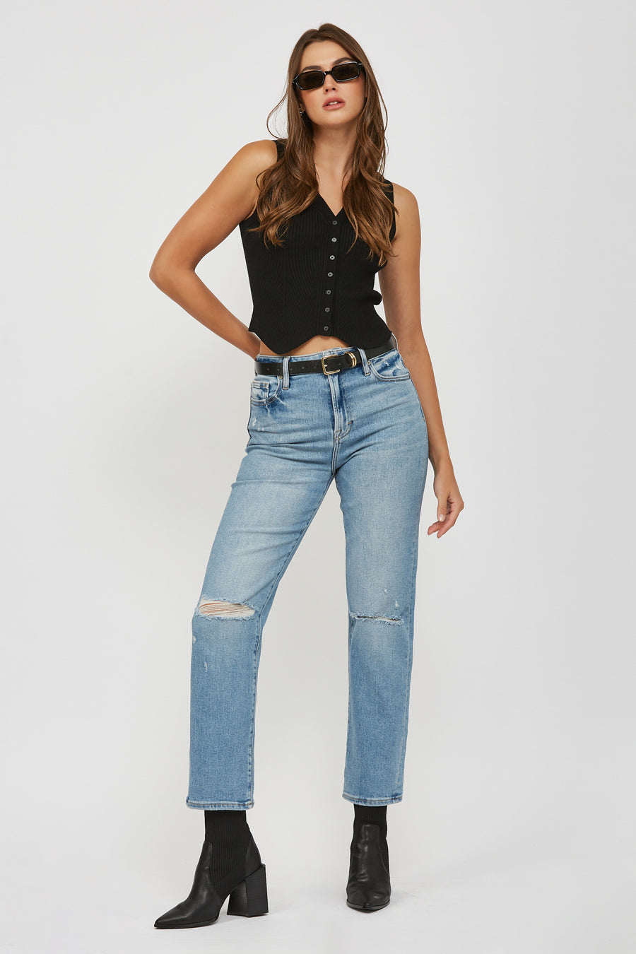[TRACEY] MEDIUM WASH DISTRESSED STRETCH STRAIGHT JEAN