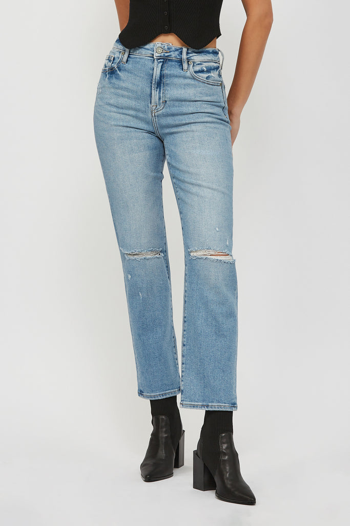 [TRACEY] MEDIUM WASH DISTRESSED STRETCH STRAIGHT JEAN
