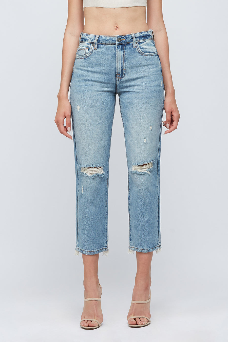 [TRACEY] MEDIUM WASH CLASSIC SUMMER DISTRESSED STRAIGHT