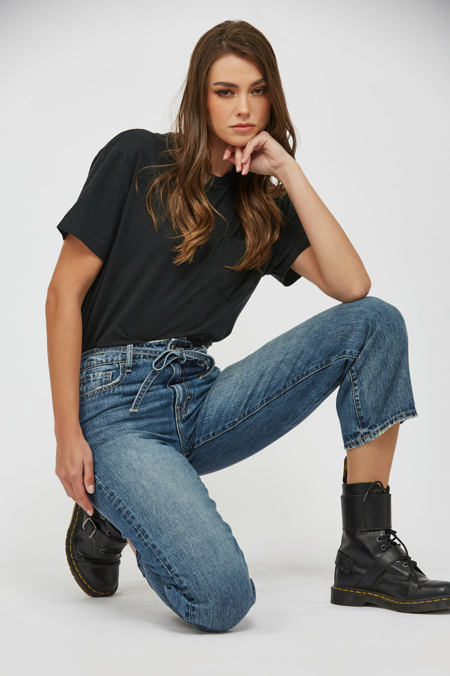 [ELLA] DARK CLASSIC DRAW STRING CROPPED WIDE STRAIGHT JEAN