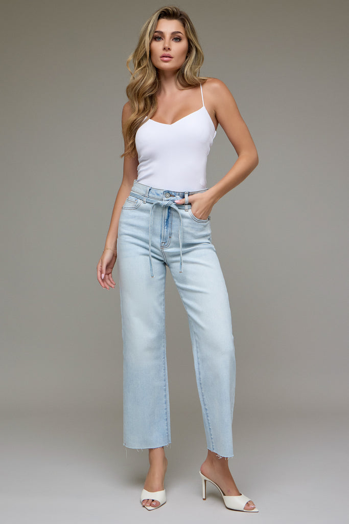 [ELLA] Light Wash Tie Waist Clean Stretch Wide Straight