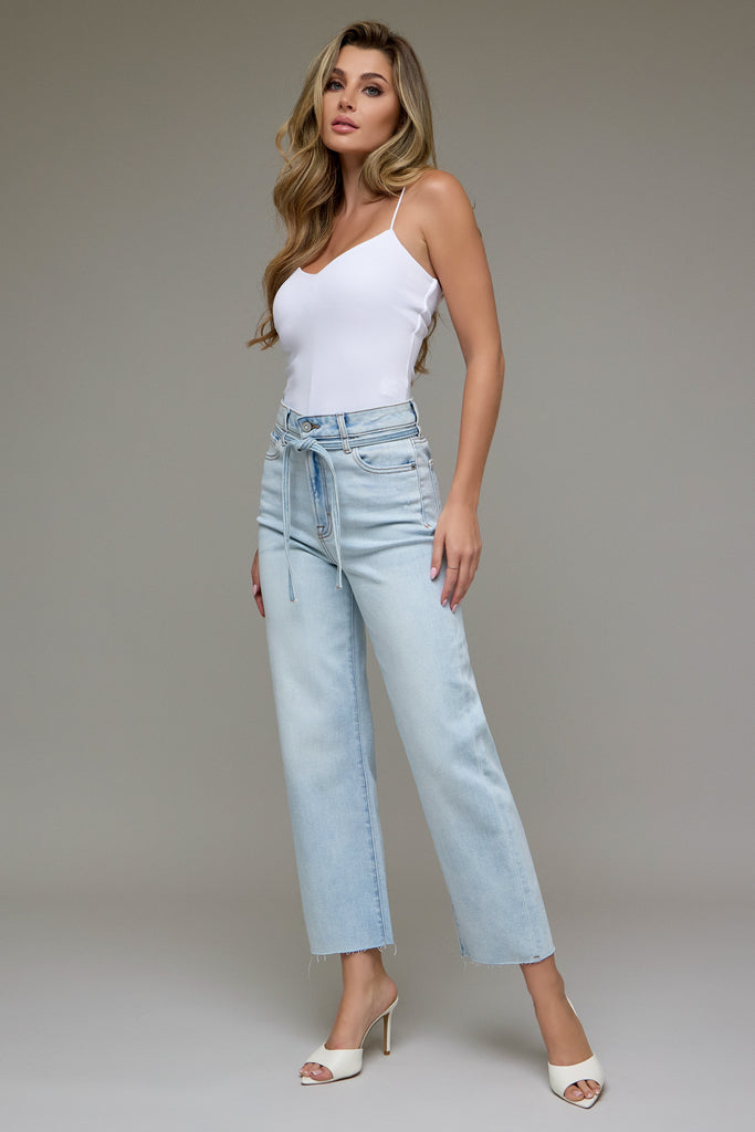 [ELLA] Light Wash Tie Waist Clean Stretch Wide Straight
