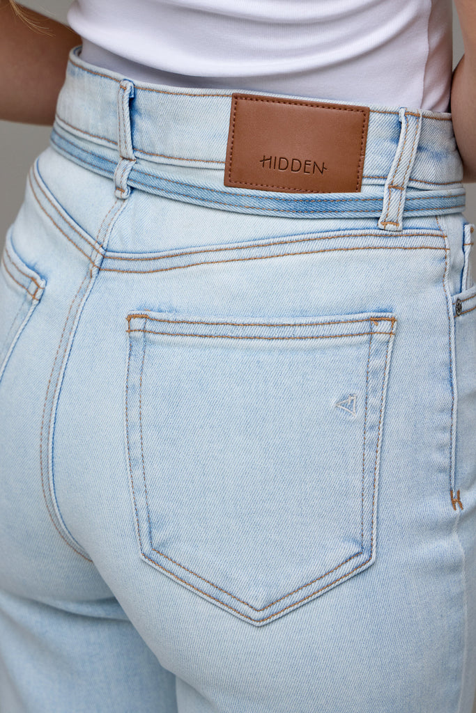 [ELLA] Light Wash Tie Waist Clean Stretch Wide Straight