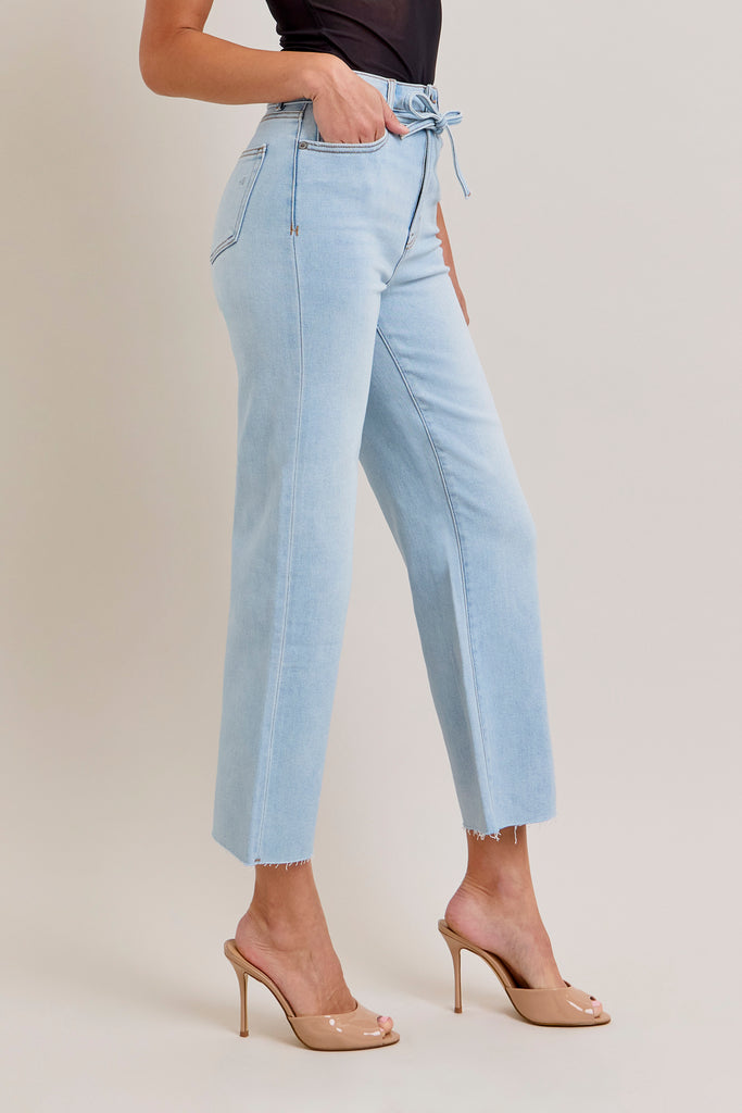 [ELLA] LIGHT WASH TIE WAIST CLEAN STRETCH WIDE LEG