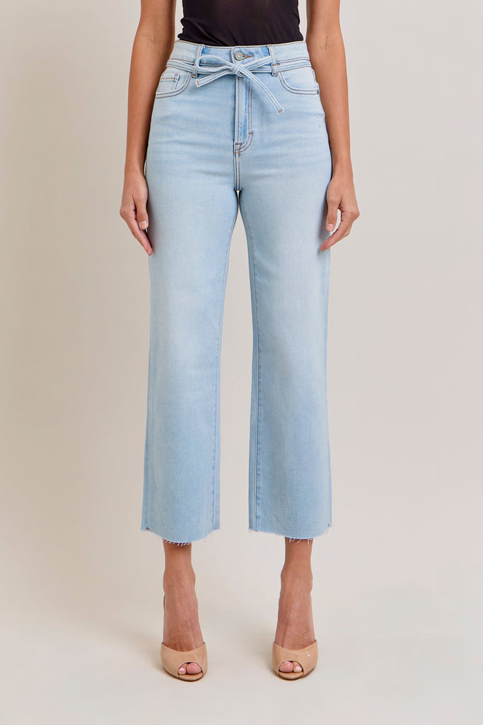 [ELLA] LIGHT WASH TIE WAIST CLEAN STRETCH WIDE LEG