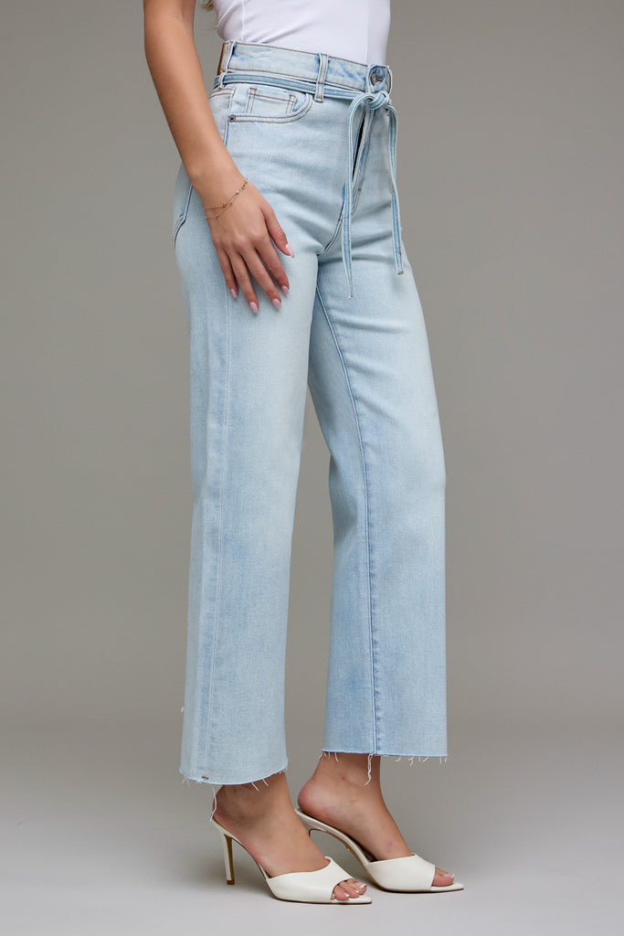 [ELLA] Light Wash Tie Waist Clean Stretch Wide Straight
