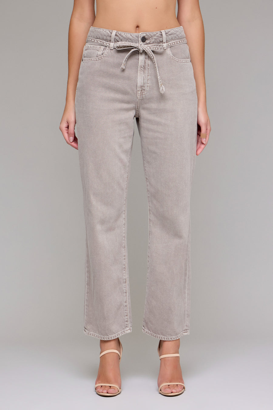 [ELLA] Gravel Wash Tie Waist Clean Wide Straight