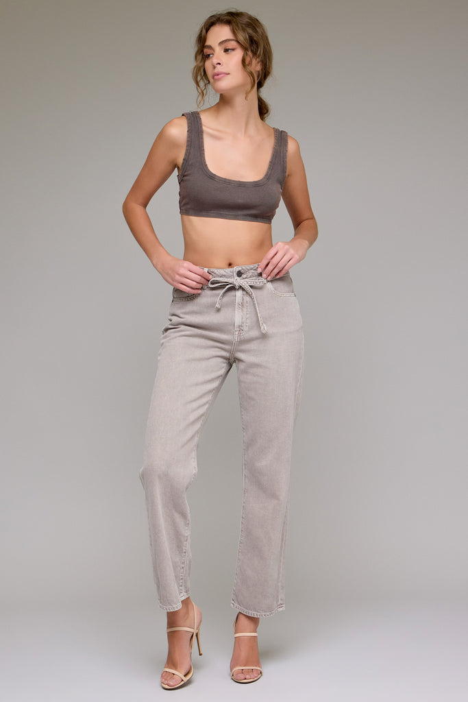 [ELLA] Gravel Wash Tie Waist Clean Wide Straight