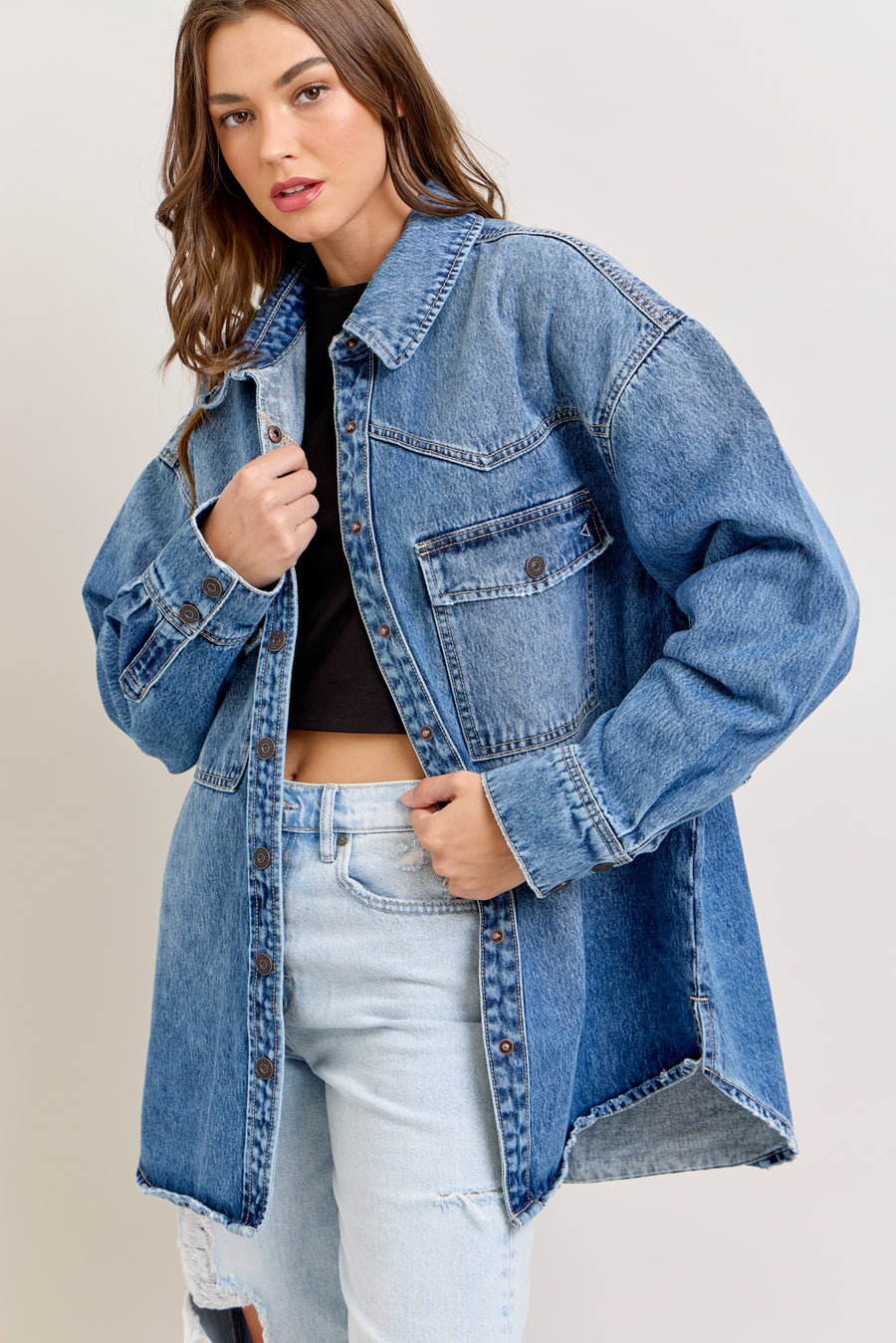 [ABBEY] MEDIUM DARK WASH OVERSIZE WESTERN ABBY SHIRT
