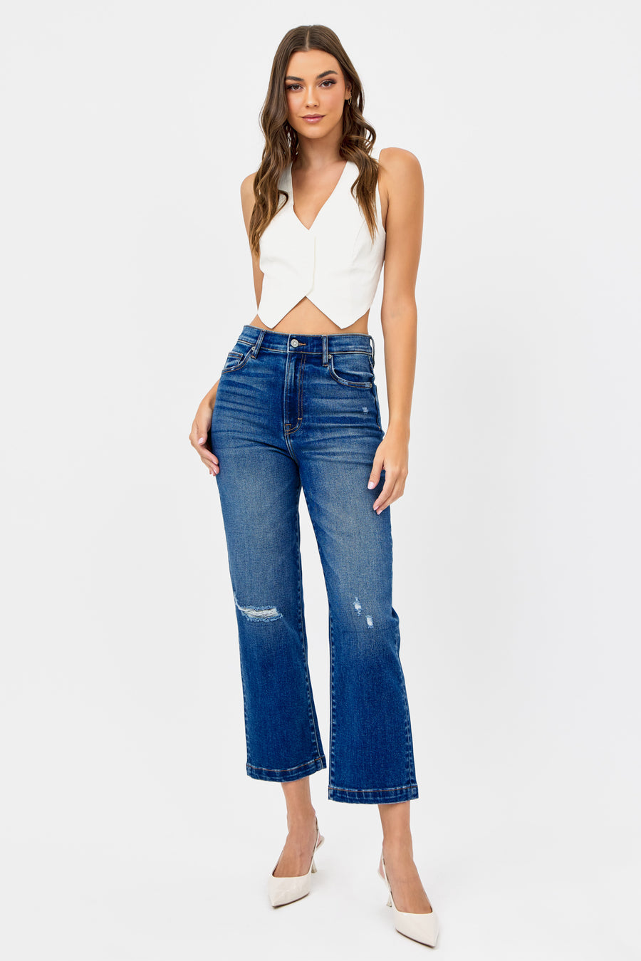 [TRACEY] DARK WASH KNEE DISTRESSED CROPPED RELAXED STRAIGHT