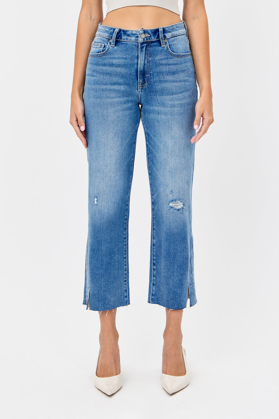 [TRACEY] Medium Dark Hem Slit Cropped Relaxed Straight