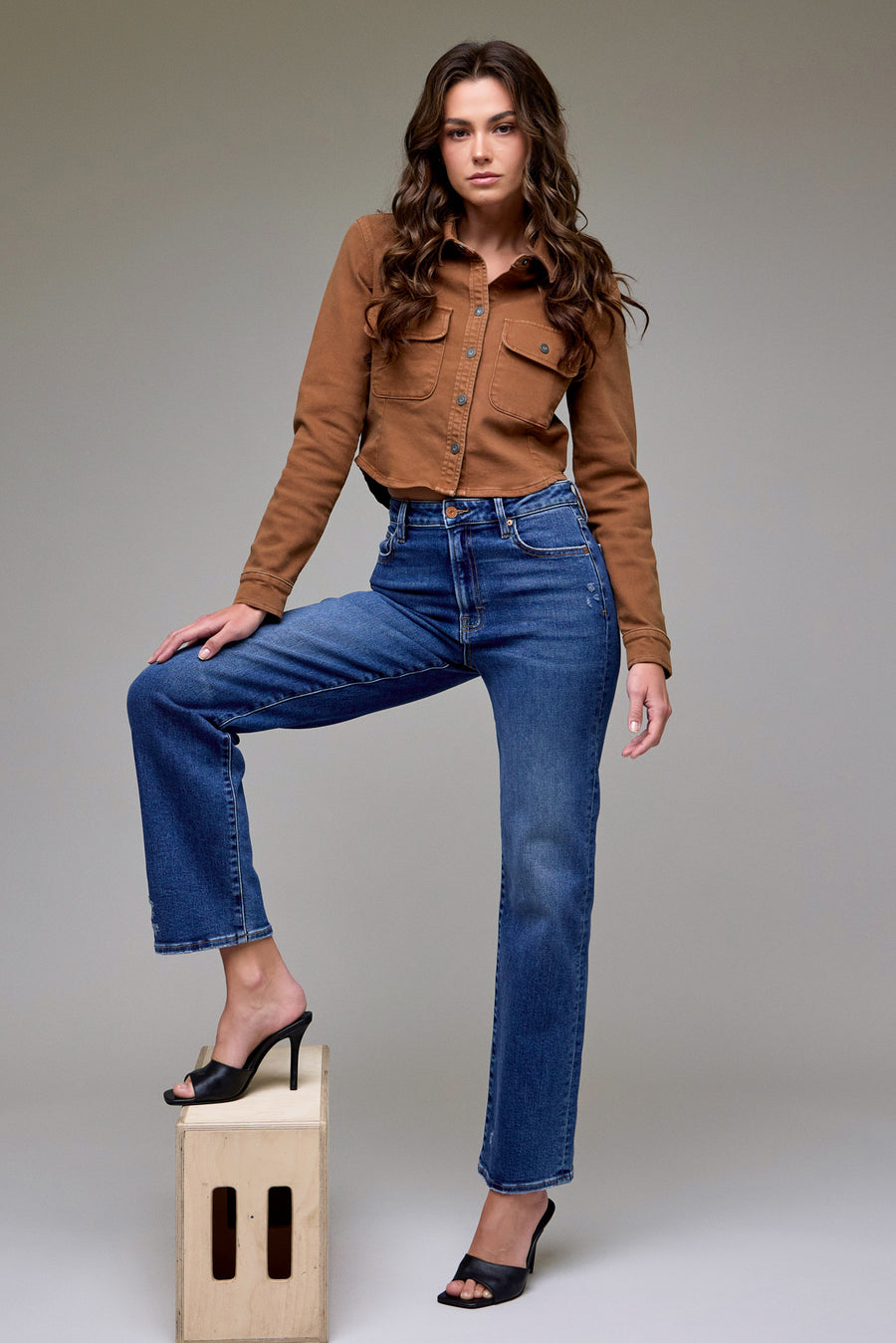 [TRACEY] Dark Wash Clean Stretch Mid-High Rise Classic Straight