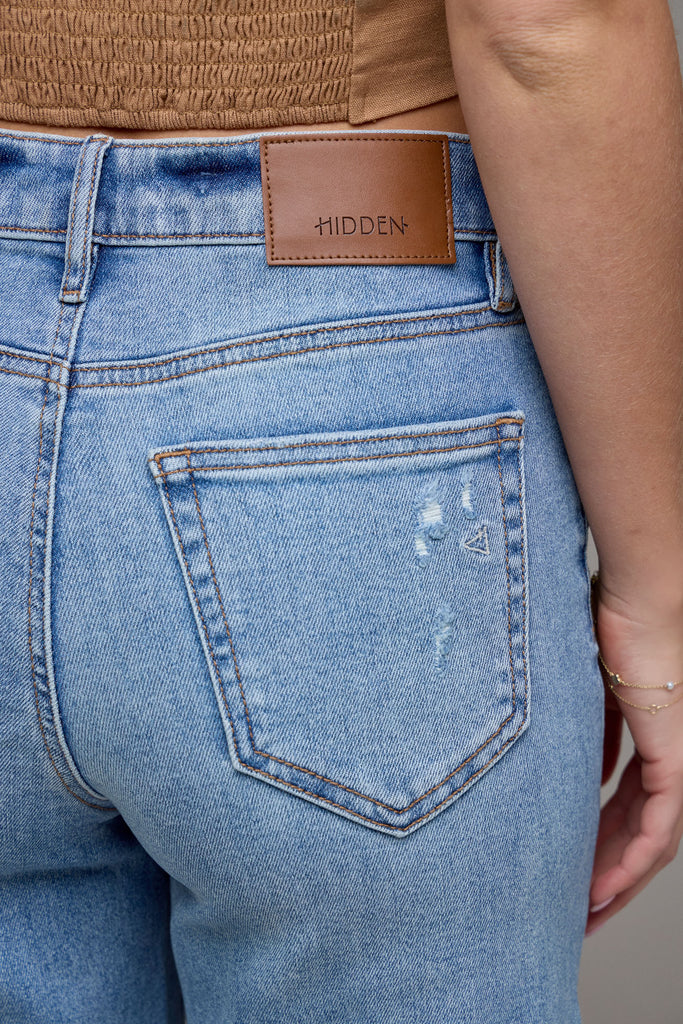 [ELLA] Medium Light 28" Inseam Distressed Stretch Wide Straight