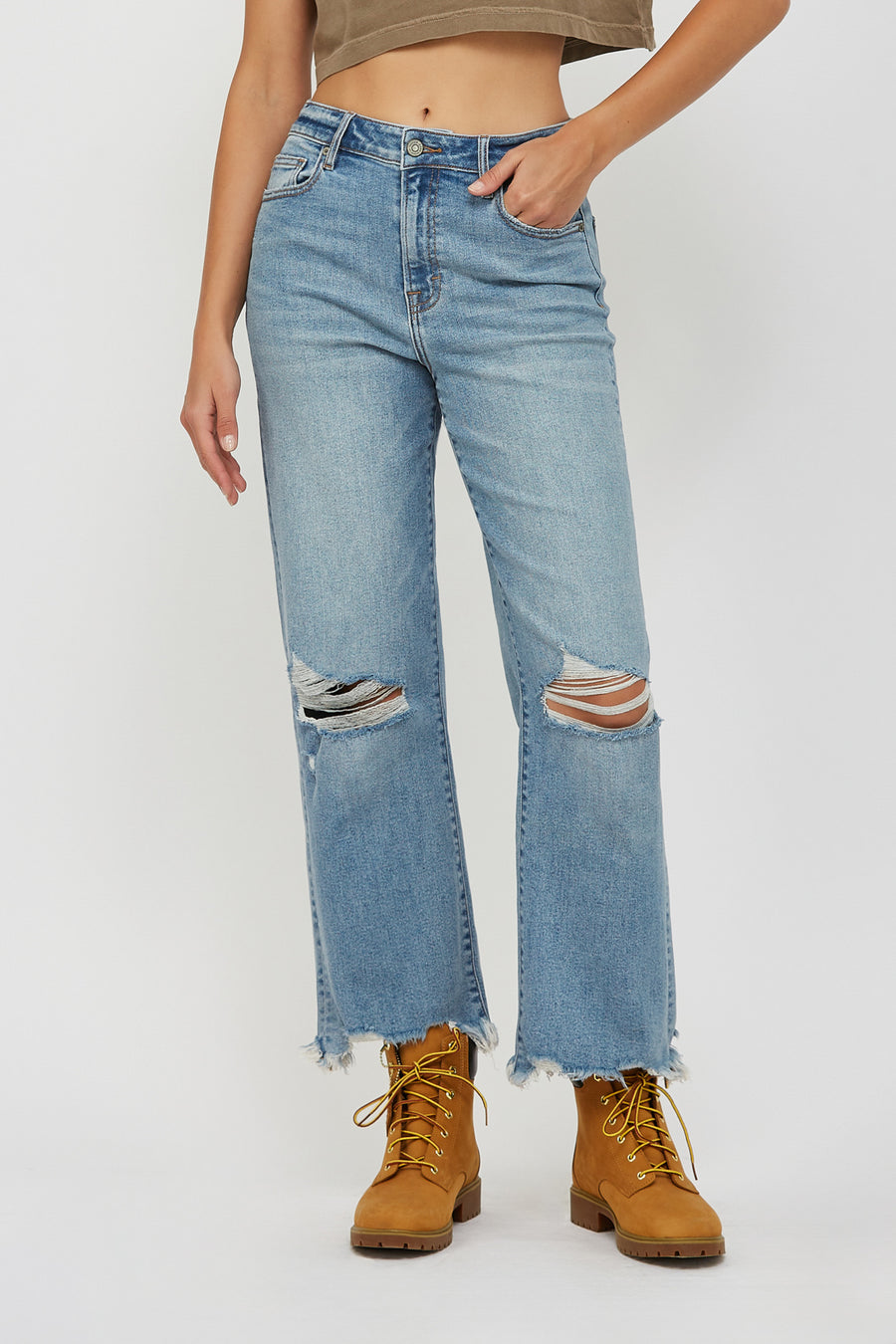 [ELLA] MEDIUM LIGHT 28" INSEAM DISTRESSED STRETCH WIDE STRAIGHT