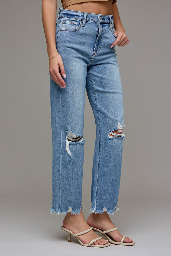 [ELLA] Medium Light 28" Inseam Distressed Stretch Wide Straight