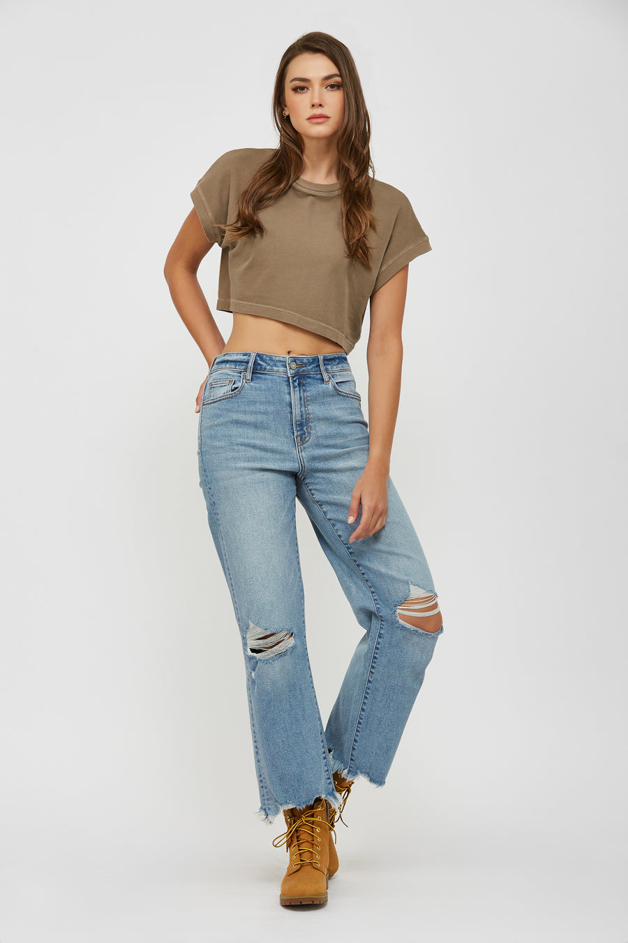 [ELLA] MEDIUM LIGHT 28" INSEAM DISTRESSED STRETCH WIDE STRAIGHT