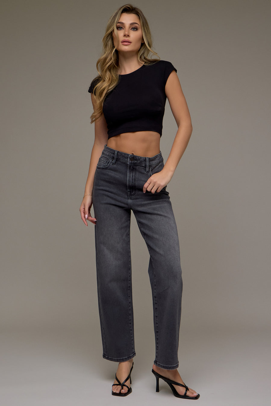[ELLA] Charcoal Wash Clean Stretch 28" Inseam Wide Straight