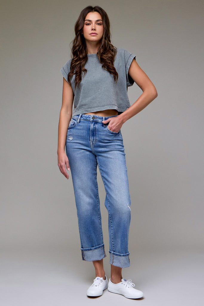 [TRACEY] Medium Wash Cuffed High Rise Classic Straight