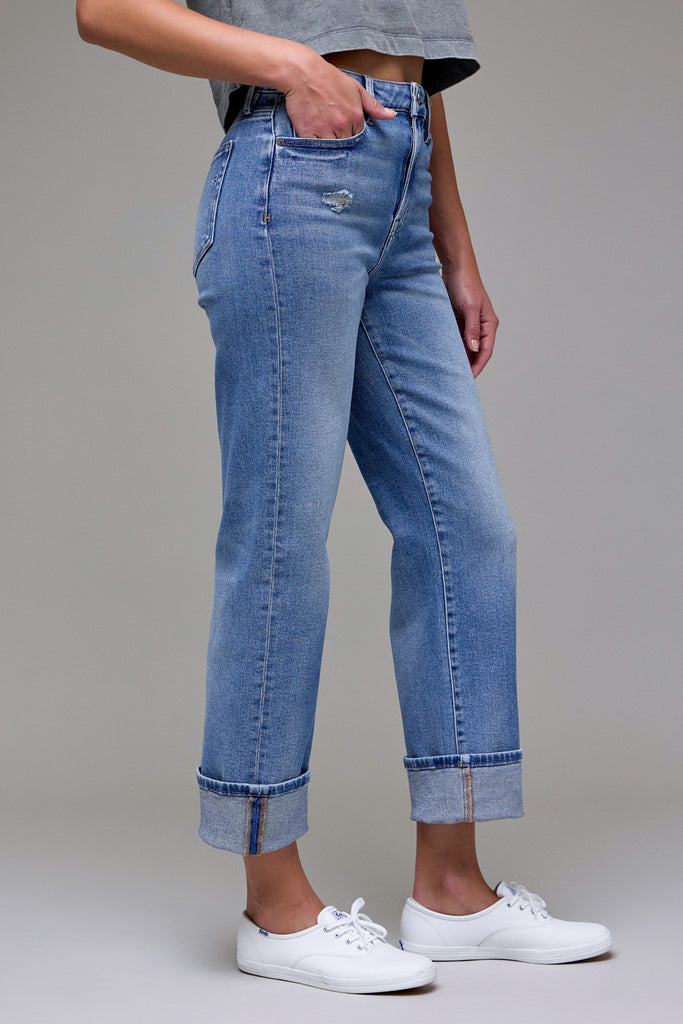 [TRACEY] Medium Wash Cuffed High Rise Classic Straight
