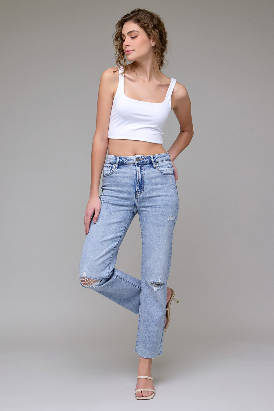 [TRACEY] Light Wash Knee Distressed Crop Straight